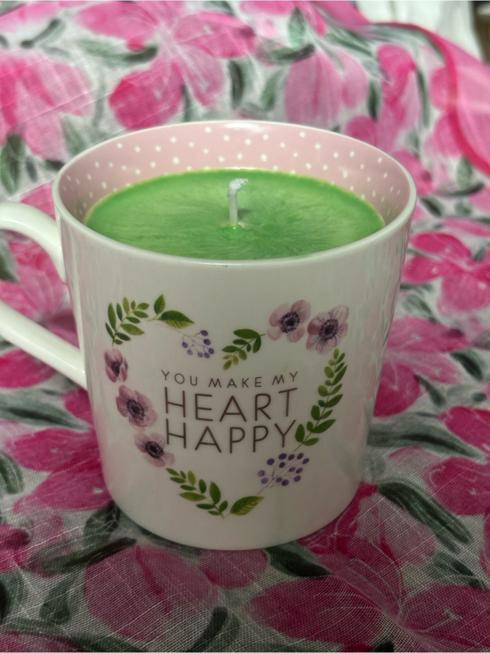 Gardenia Scented Floral Mug Candle - Pink & Green